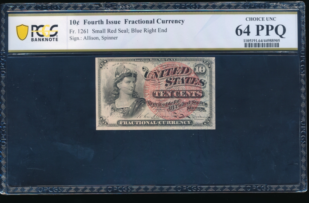 Fr. 1261  $0.10  Fractional Fourth Issue; Blue Right End, 38mm seal PCGS 64PPQ no serial number obverse