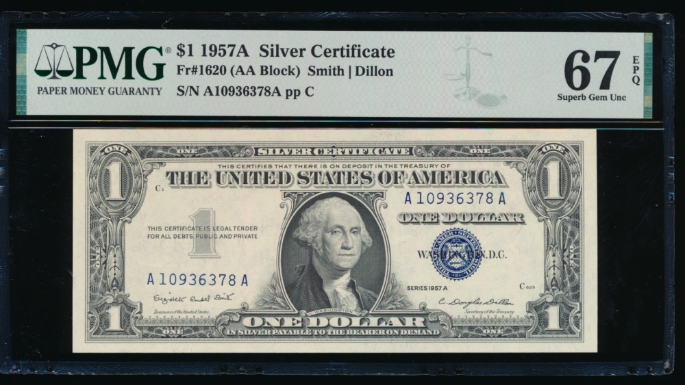 Fr. 1620 1957A $1  Silver Certificate AA block PMG 67EPQ A10936378A obverse