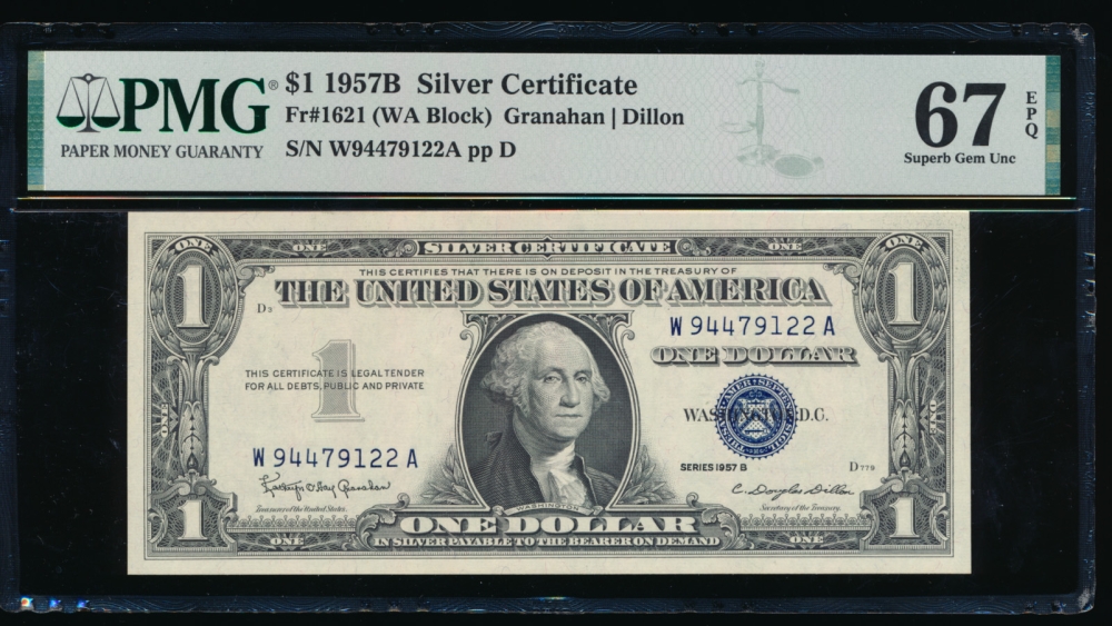 Fr. 1621 1957B $1  Silver Certificate WA block PMG 67EPQ W94479122A