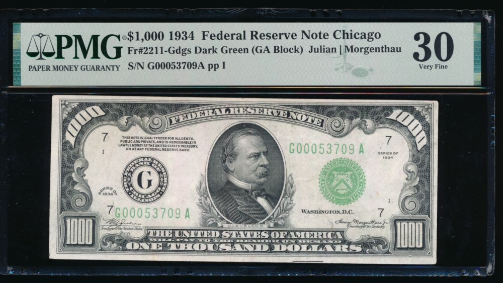 Fr. 2211-G 1934 $1,000  Federal Reserve Note Chicago PMG 30 comment G00053709A