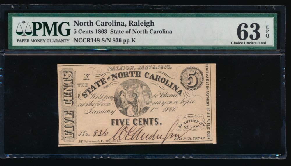Fr. CR NC-148 1863 $0.05  Obsolete State of North Carolina, Raleigh PMG 63EPQ 836 K