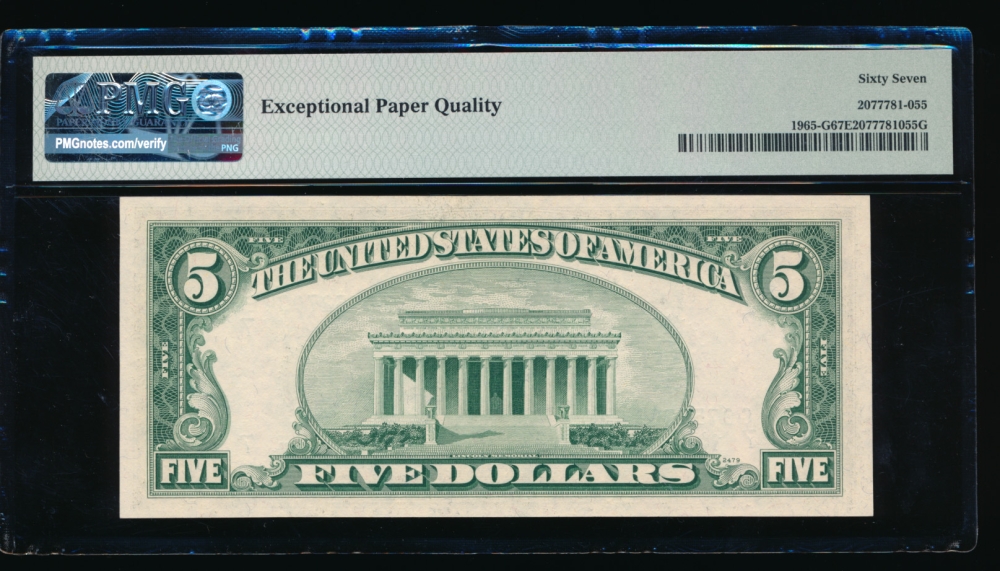 Fr. 1965-G 1950D $5  Federal Reserve Note Chicago PMG 67EPQ G07527034E reverse