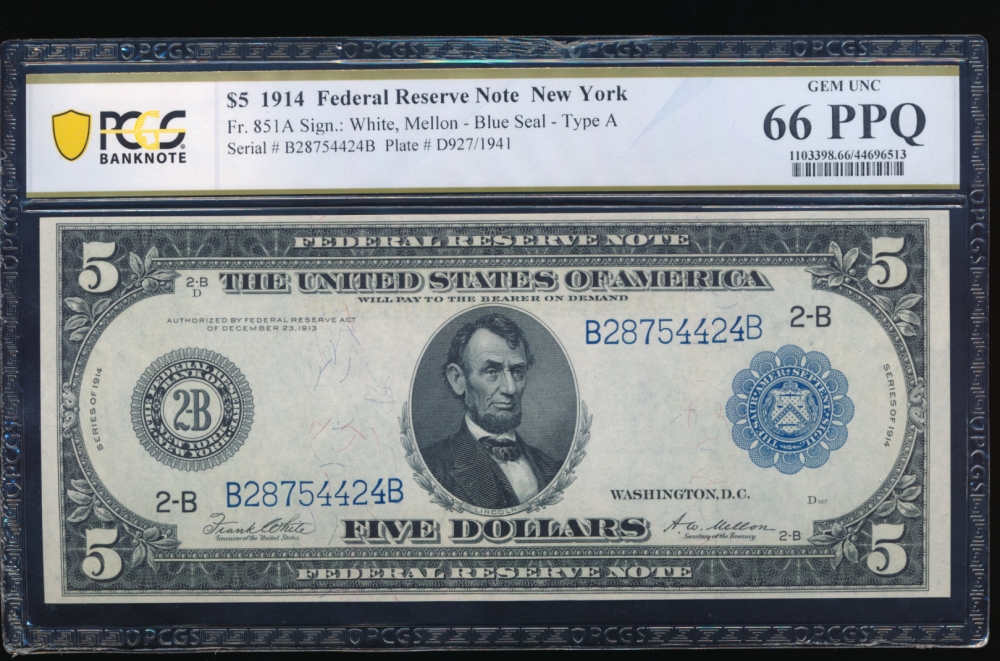 Fr. 851a 1914 $5  Federal Reserve Note New York PCGS 66PPQ B28754424B
