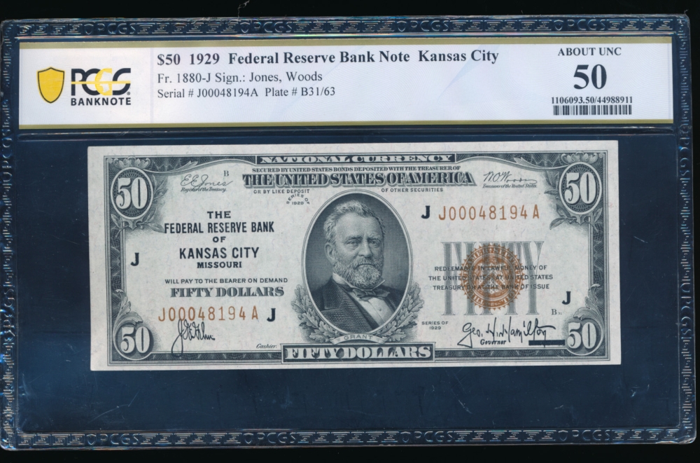 Fr. 1880-J 1929 $50  FRBN Kansas City PCGS 50 J00048194A