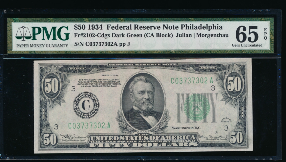 Fr. 2102-C 1934 $50  Federal Reserve Note Philadelphia PMG 65EPQ C03737302A