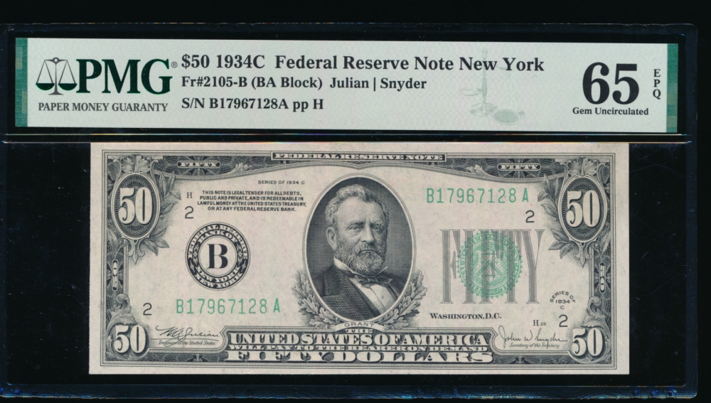 Fr. 2105-B 1934C $50  Federal Reserve Note New York PMG 65EPQ B17967128A
