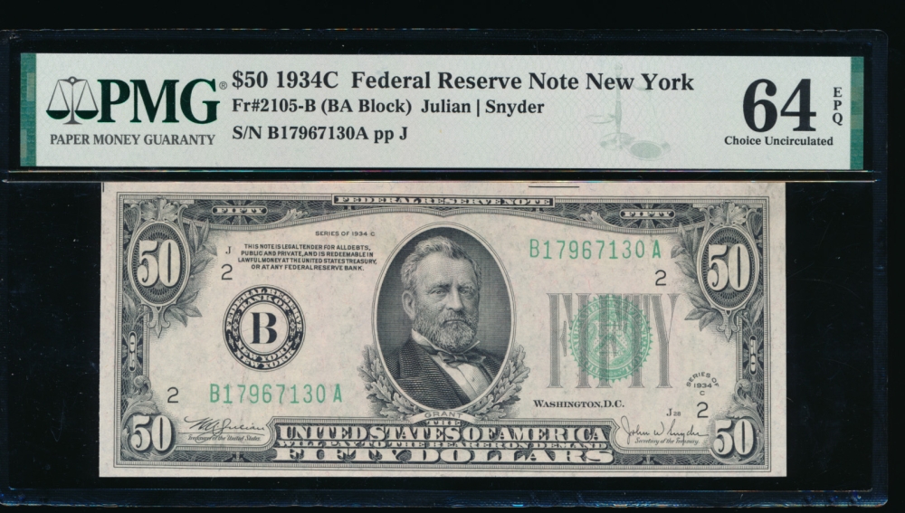 Fr. 2105-B 1934C $50  Federal Reserve Note New York PMG 64EPQ B17967130A