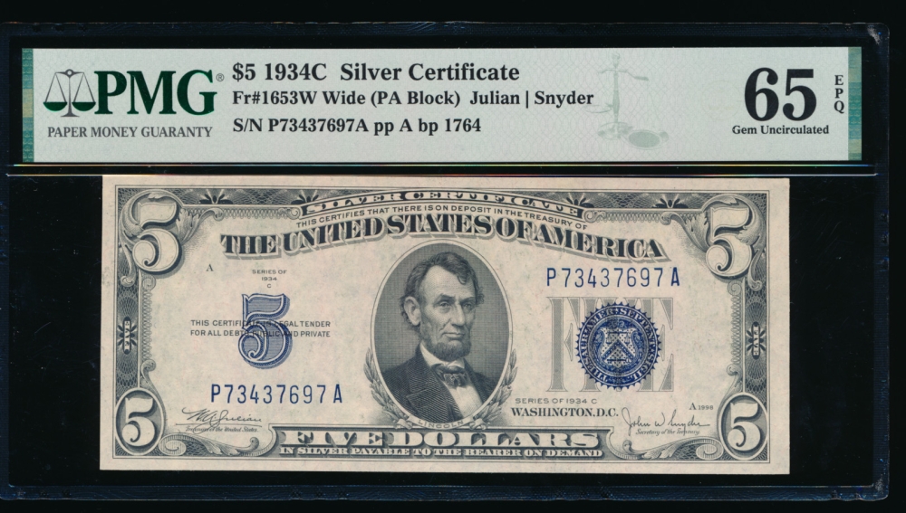 Fr. 1653 1934C $5  Silver Certificate Wide, PA block PMG 65EPQ P73437697A