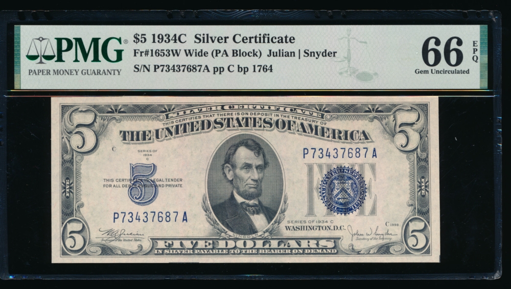 Fr. 1653 1934C $5  Silver Certificate Wide, PA block PMG 66EPQ P73437687A
