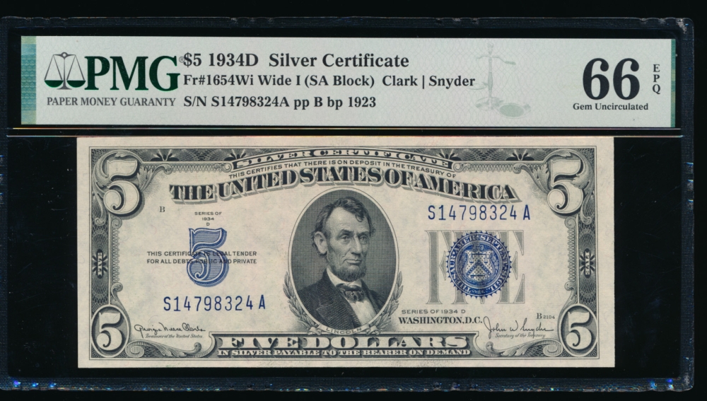 Fr. 1654 1934D $5  Silver Certificate Wide I, SA block PMG 66EPQ S14798324A