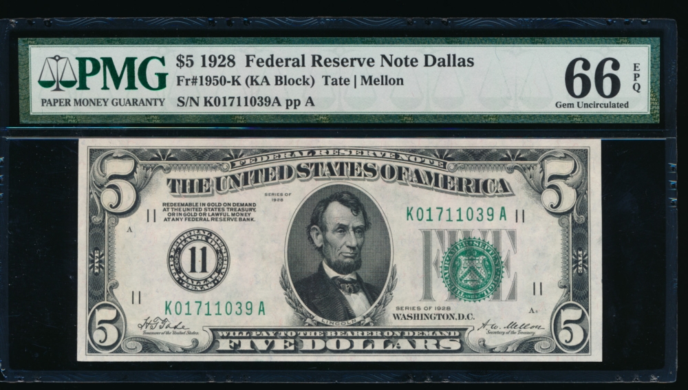 Fr. 1950-K 1928 $5  Federal Reserve Note Dallas PMG 66EPQ K01711039A obverse