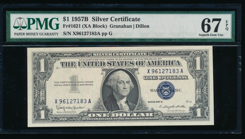 Fr. 1621 1957B $1  Silver Certificate XA block PMG 67EPQ X96127183A