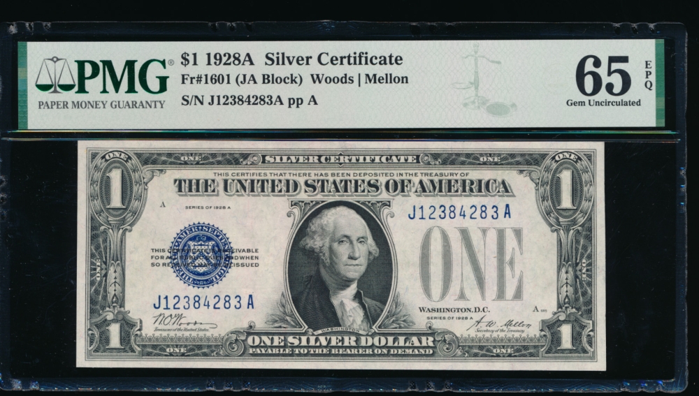 Fr. 1601 1928A $1  Silver Certificate JA block PMG 65EPQ J12384283A obverse