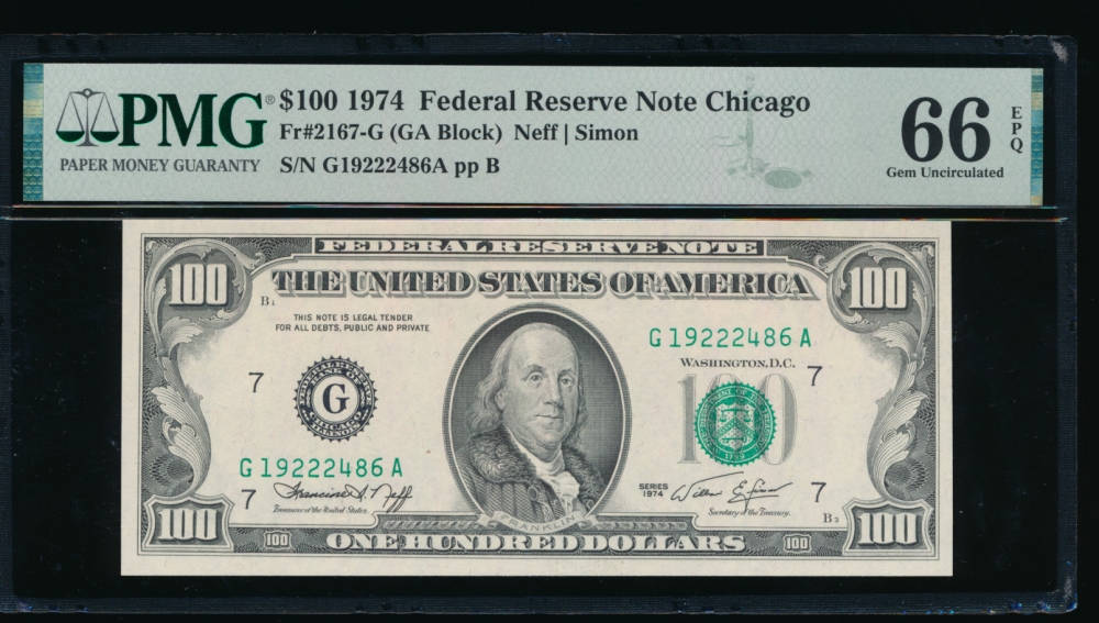 Fr. 2167-G 1974 $100  Federal Reserve Note Chicago PMG 66EPQ G19222486A