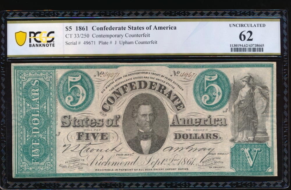 Fr. CT-33 1861 $5  Confederate  PCGS 62 49671