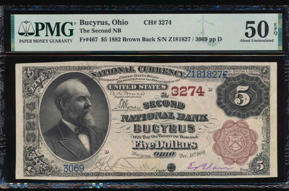 Fr. 467 1882 $5  National: Brown Back Ch #3274 The Second National Bank of Bucyrus, Ohio PMG 50EPQ 3069 obverse