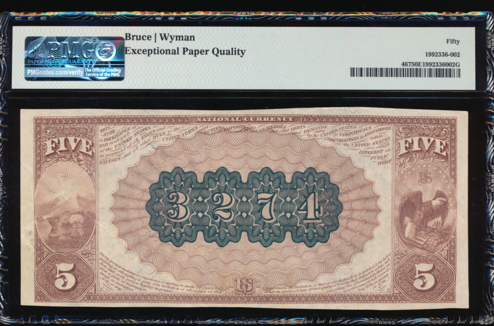 Fr. 467 1882 $5  National: Brown Back Ch #3274 The Second National Bank of Bucyrus, Ohio PMG 50EPQ 3069 reverse
