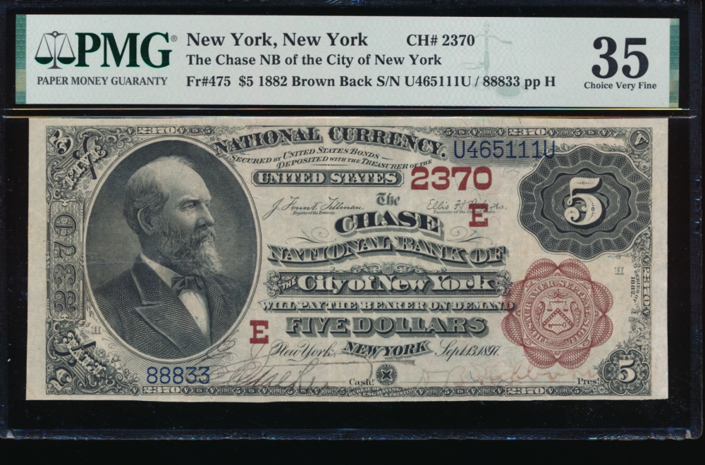 Fr. 475 1882 $5  National: Brown Back Ch #2370 The Chase National Bank of the City of New York, New York PMG 35 88833