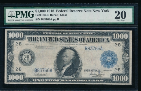 Fr. 1133-B 1918 $1,000  Federal Reserve Note New York PMG 20 comment B83766A
