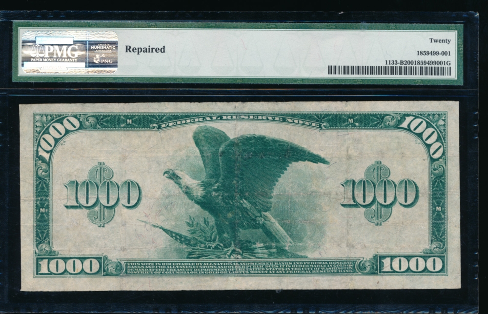 Fr. 1133-B 1918 $1,000  Federal Reserve Note New York PMG 20 comment B83766A reverse