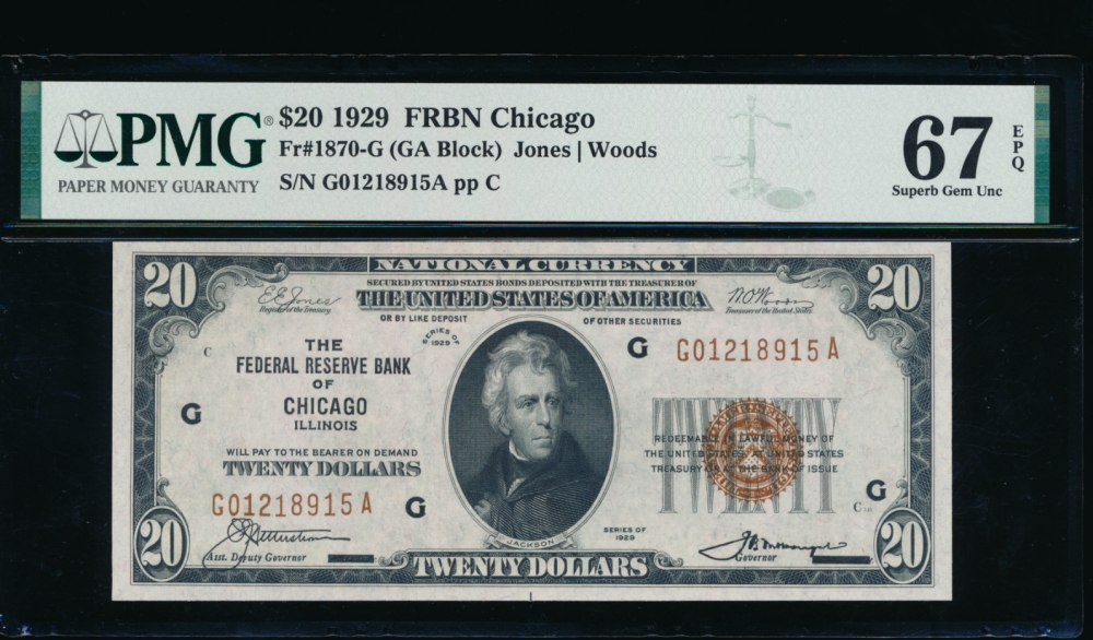 Fr. 1870-G 1929 $20  FRBN Chicago PMG 67EPQ G01218915A