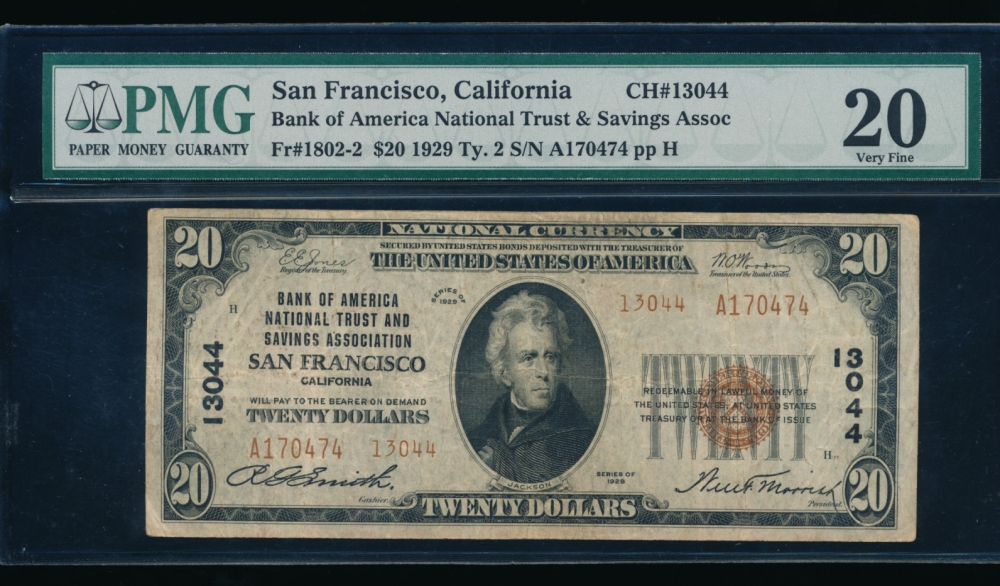 Fr. 1802-2 1929 $20  National: Type II Ch #13044 Bank of America NT and SA San Francisco, California PMG 20 A170474