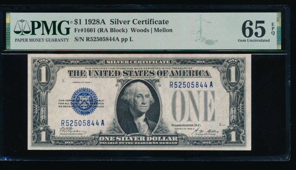 Fr. 1601 1928A $1  Silver Certificate RA block PMG 65EPQ R52505844A