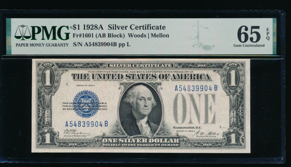 Fr. 1601 1928A $1  Silver Certificate AB block PMG 65EPQ A54839904B