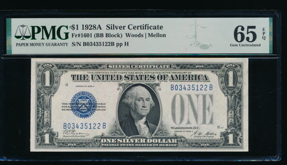 Fr. 1601 1928A $1  Silver Certificate BB block PMG 65EPQ B03435122B obverse