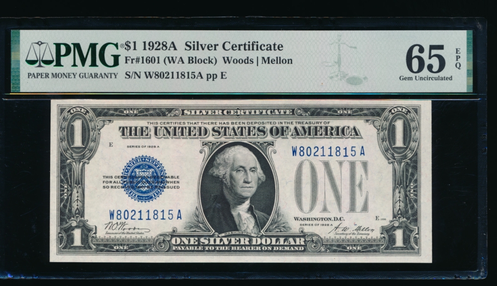 Fr. 1601 1928A $1  Silver Certificate WA block PMG 65EPQ W80211815A