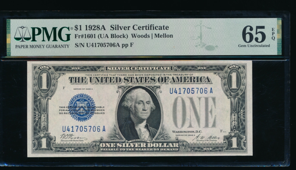 Fr. 1601 1928A $1  Silver Certificate UA block PMG 65EPQ U41705706A