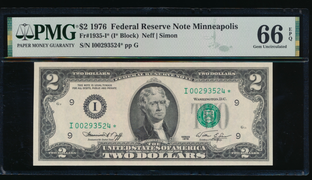 Fr. 1935-I 1976 $2  Federal Reserve Note Minneapolis star PMG 66EPQ I00293524*