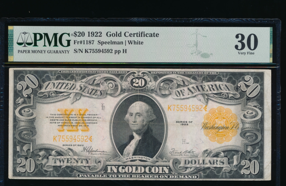 Fr. 1187 1922 $20  Gold Certificate  PMG 30 K75594592