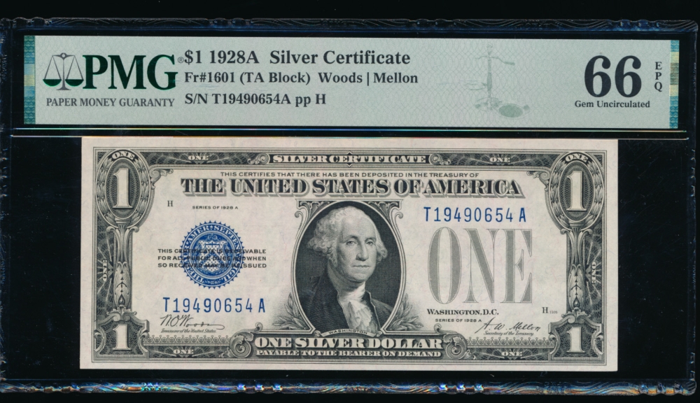 Fr. 1601 1928A $1  Silver Certificate TA block PMG 66EPQ T19490654A