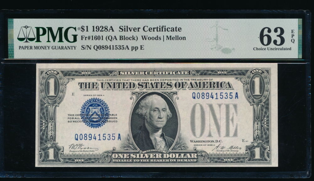 Fr. 1601 1928A $1  Silver Certificate QA block PMG 63EPQ Q08941535A
