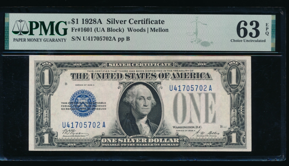 Fr. 1601 1928A $1  Silver Certificate UA block PMG 63EPQ U41705702A