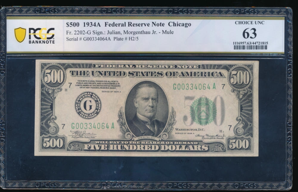 Fr. 2202-G 1934A $500  Federal Reserve Note Chicago PCGS 63 G00334064A