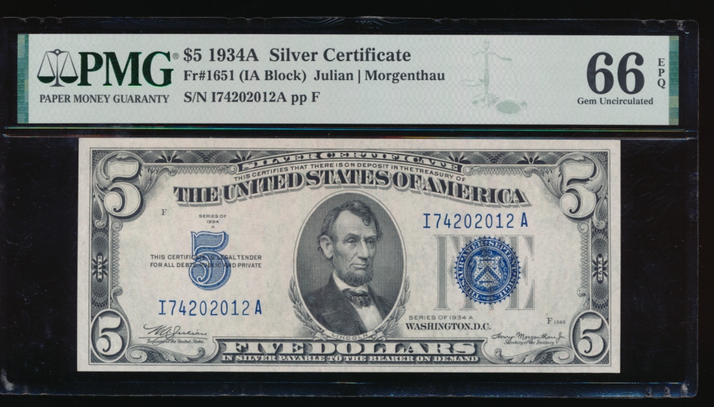 Fr. 1651 1934A $5  Silver Certificate IA block PMG 66EPQ I74202012A