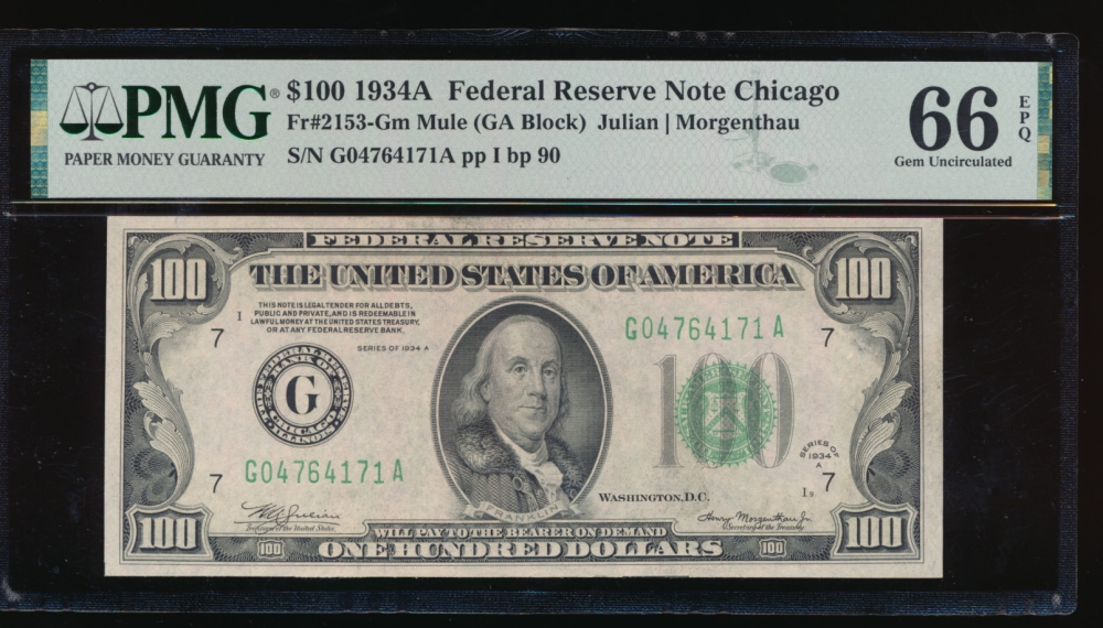 Fr. 2153-G 1934A $100  Federal Reserve Note Chicago mule PMG 66EPQ G04764171A
