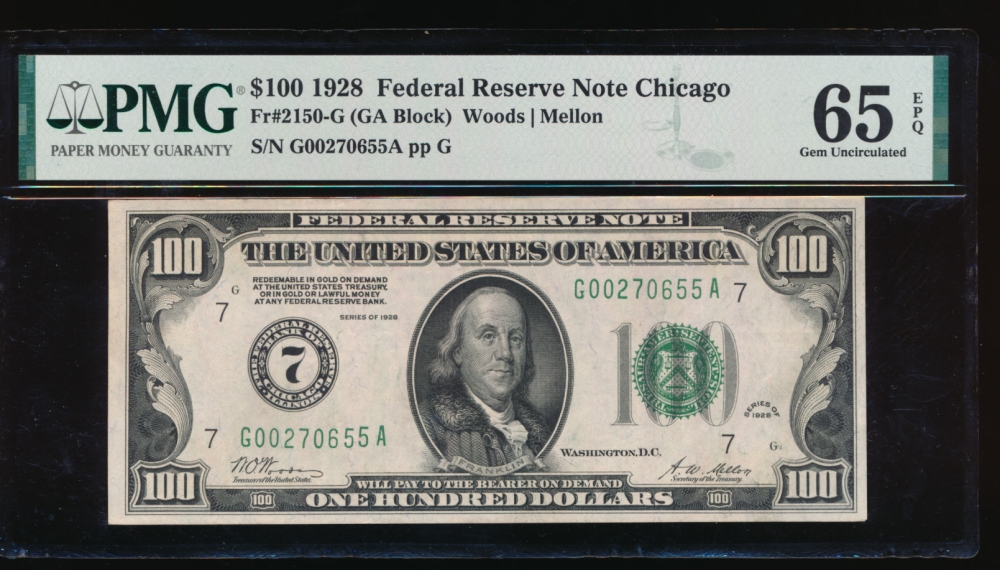 Fr. 2150-G 1928 $100  Federal Reserve Note Chicago PMG 65EPQ G00270655A