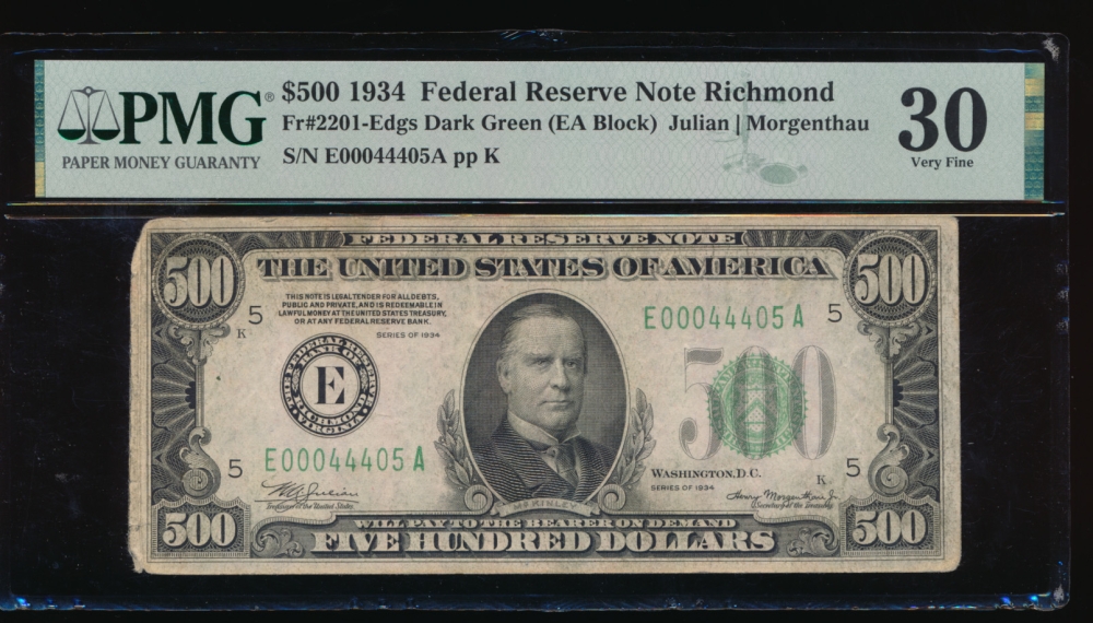 Fr. 2201-E 1934 $500  Federal Reserve Note Richmond PMG 30 comment E00044405A