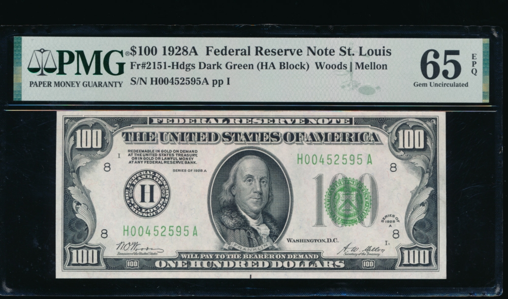 Fr. 2151-H 1928A $100  Federal Reserve Note Saint Louis PMG 65EPQ H00452595A