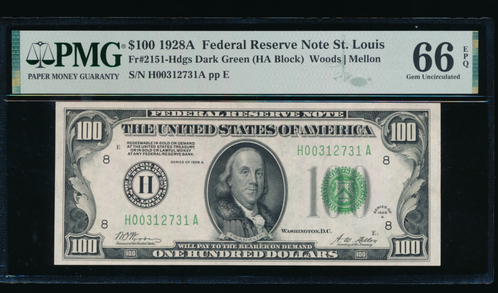 Fr. 2151-H 1928A $100  Federal Reserve Note Saint Louis PMG 66EPQ H00312731A obverse