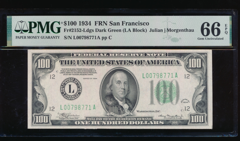 Fr. 2152-L 1934 $100  Federal Reserve Note San Francisco PMG 66EPQ L00798771A