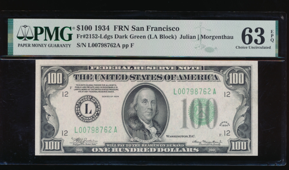 Fr. 2152-L 1934 $100  Federal Reserve Note San Francisco PMG 63EPQ L00798762A