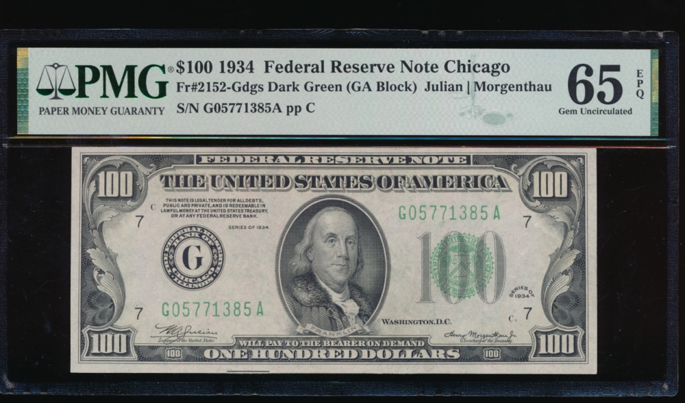 Fr. 2152-G 1934 $100  Federal Reserve Note Chicago PMG 65EPQ G05771385A