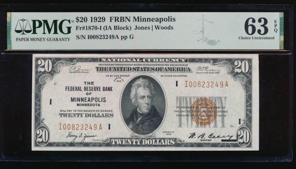 Fr. 1870-I 1929 $20  FRBN Minneapolis PMG 63EPQ 000823249A obverse