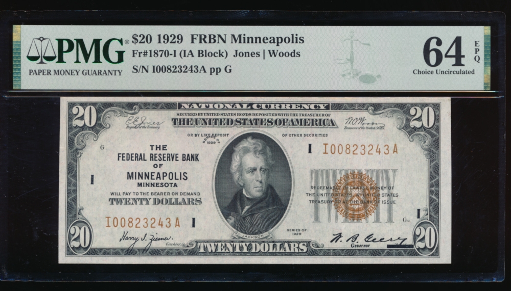 Fr. 1870-I 1929 $20  FRBN Minneapolis PMG 64EPQ I00823243A