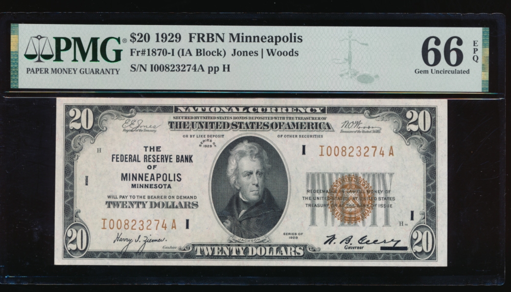 Fr. 1870-I 1929 $20  FRBN Minneapolis PMG 66EPQ I00823274A