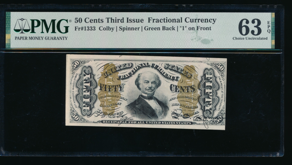 Fr. 1333  $0.50  Fractional Third Issue: Spinner, 1 in Front, green reverse PMG 63EPQ no serial number